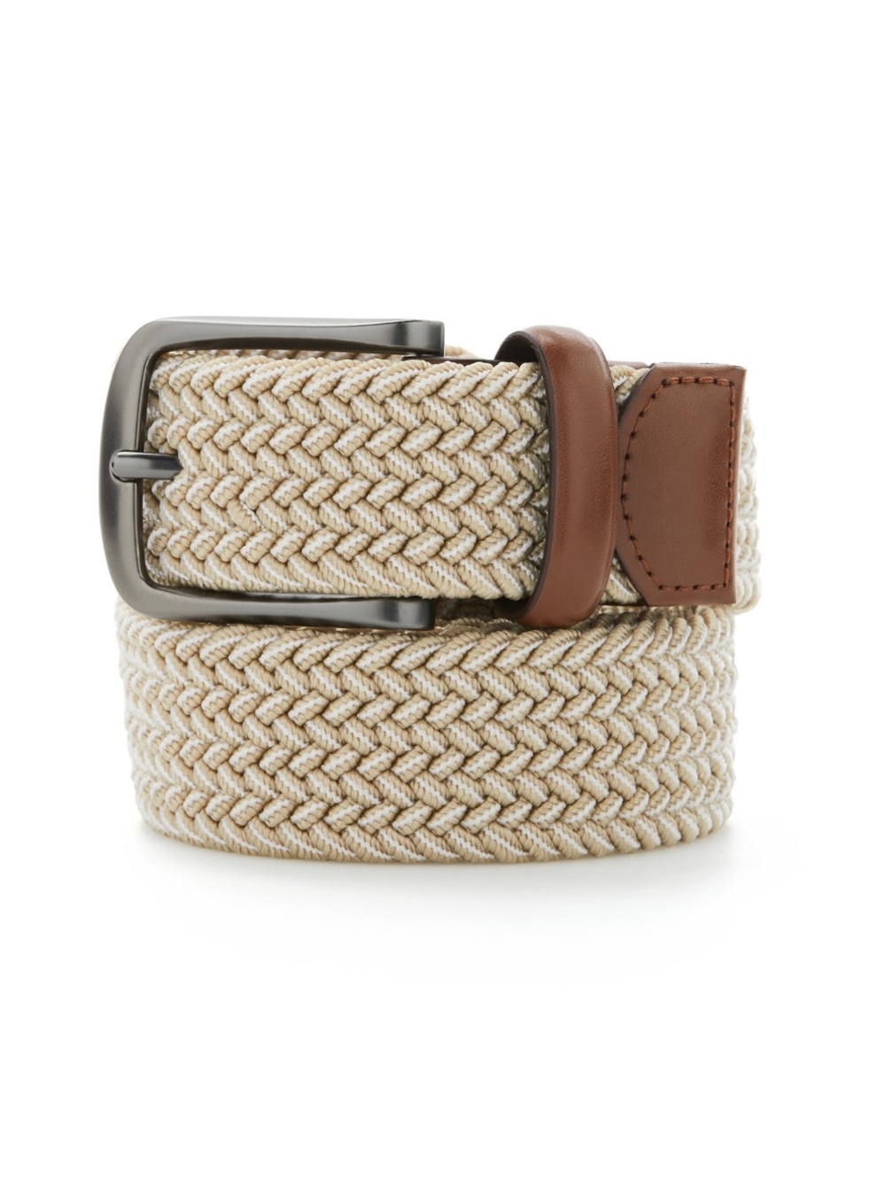 Original Penguin Men's Braided Stretch Belt Tan Leather Trim Size Small 30-32